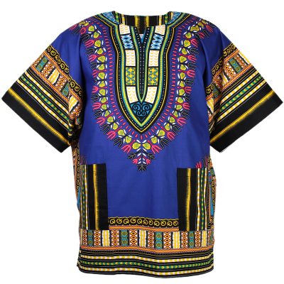 African Mens Brocade Dashiki Suit Rayon Top Women Blouse Blue with Hat One Size 