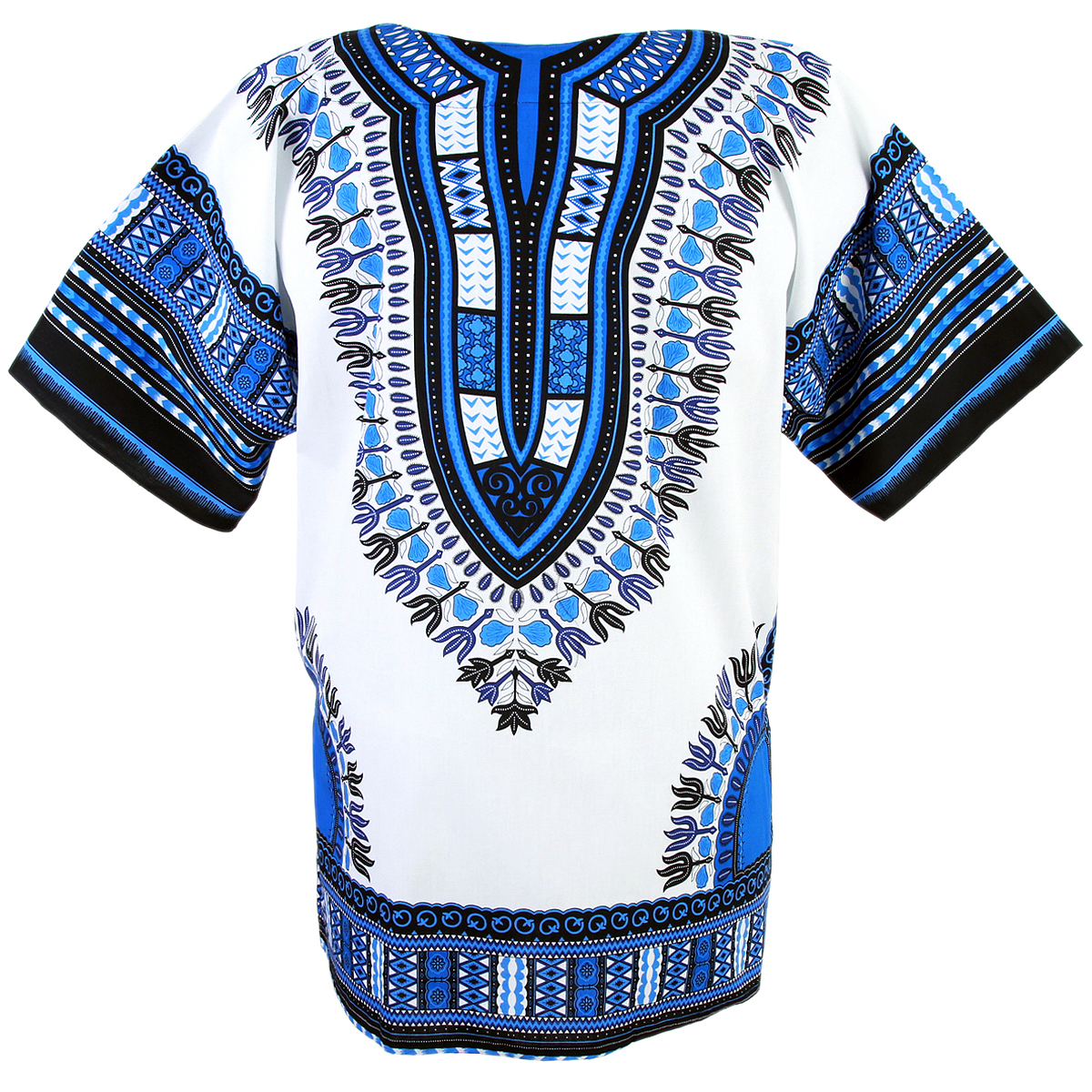 Men's Dashiki Shirt African Rayon Brocade Top Women Blouse Blue w/ Hat One Size 